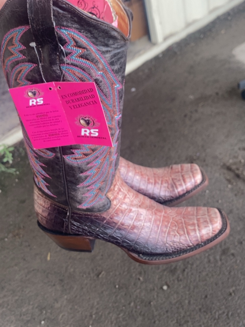 Black Croc-Embossed Western Boot with Pink & Teal Stitching